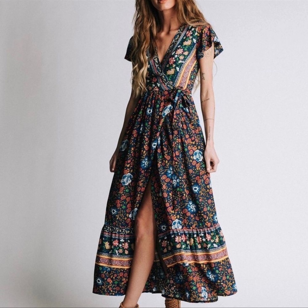 Navy blue boho wrap dress